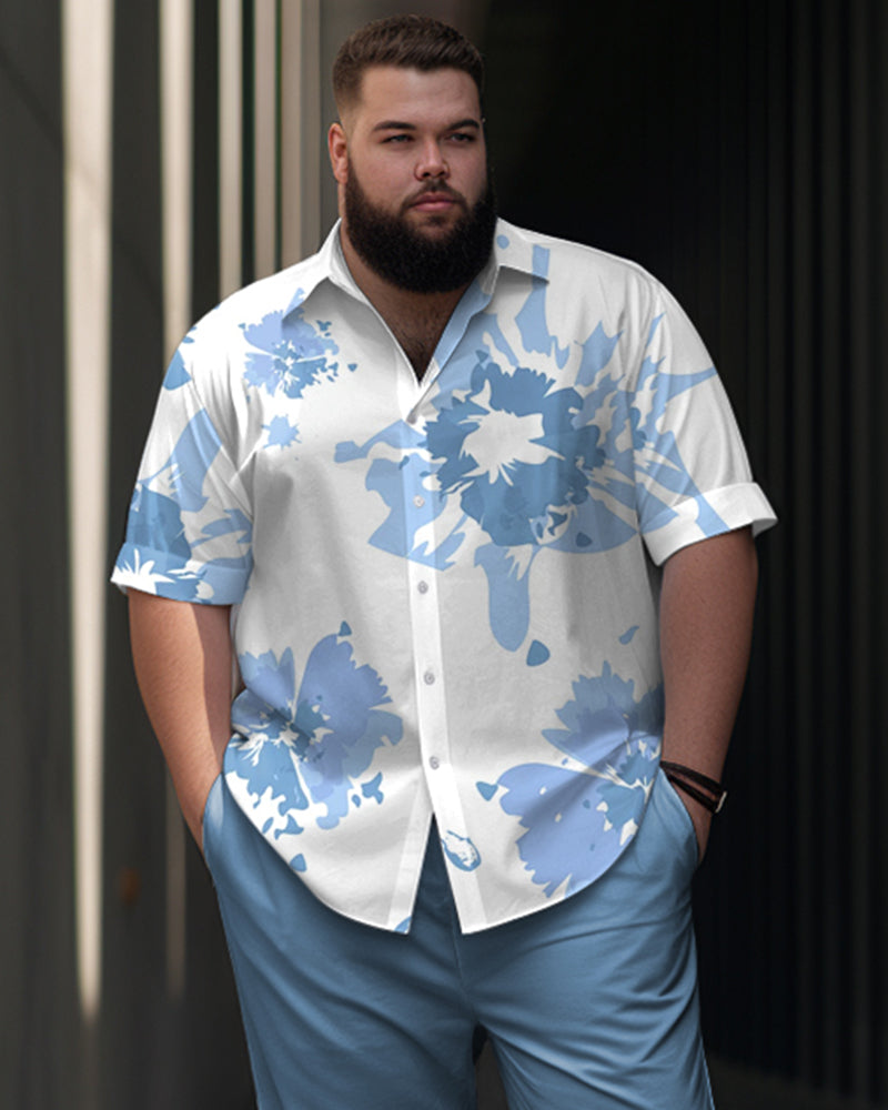 Men's Plus Size Business Casual Flower Print Short Sleeve Shirt Trousers Suit