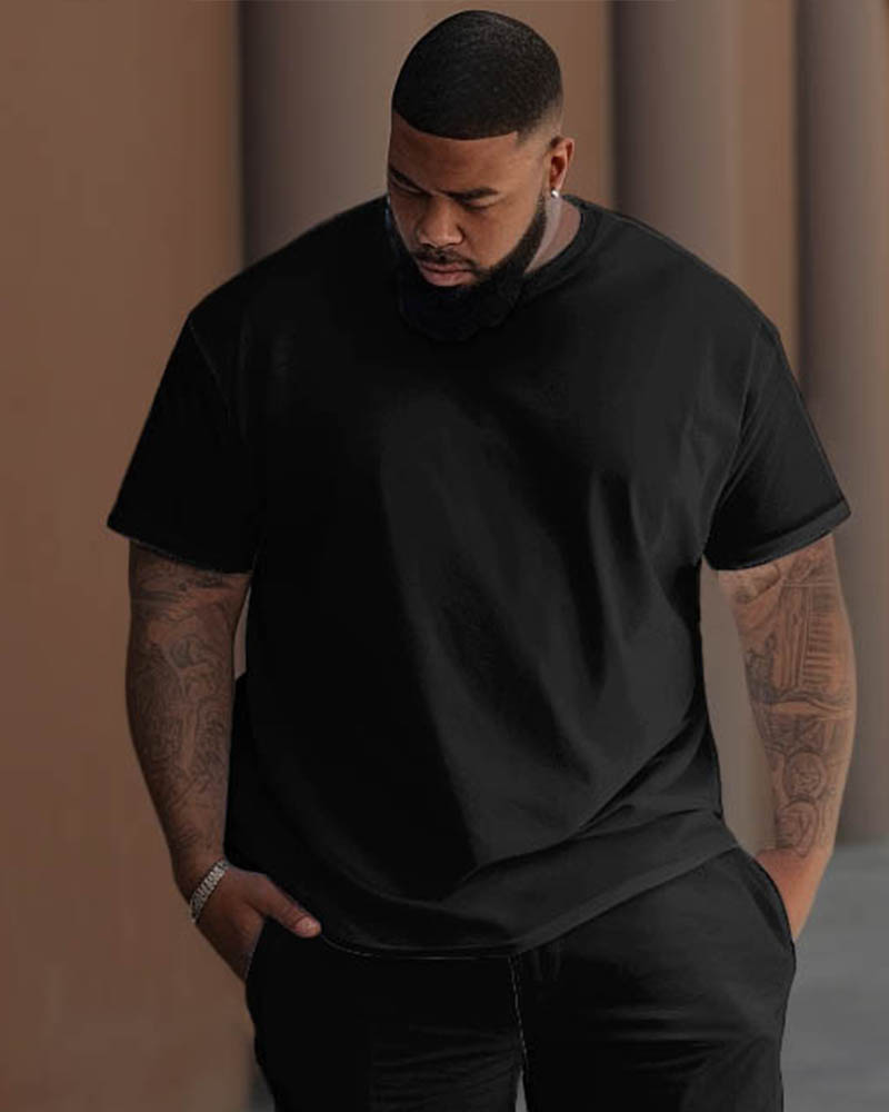 Men's Large Daily Black Solid Color T-Shirt Trousers Set