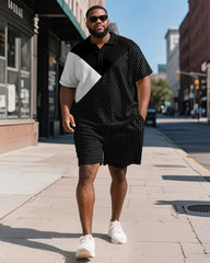 Men's Plus Size Daily Black And White Patchwork Printed Short-sleeved Polo Shirt Shorts Suit