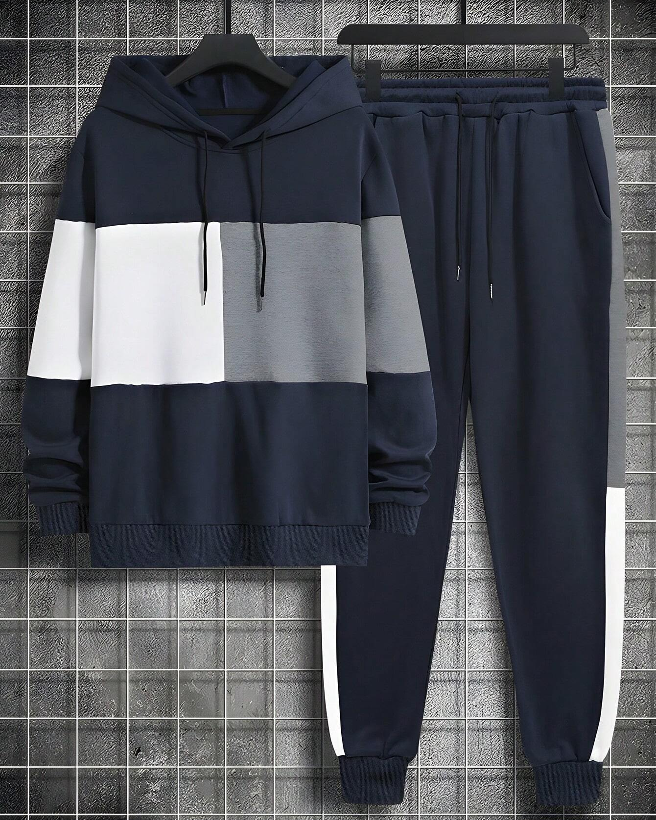 Men's Plus Size Simple Color Matching Hoodie Set of Two
