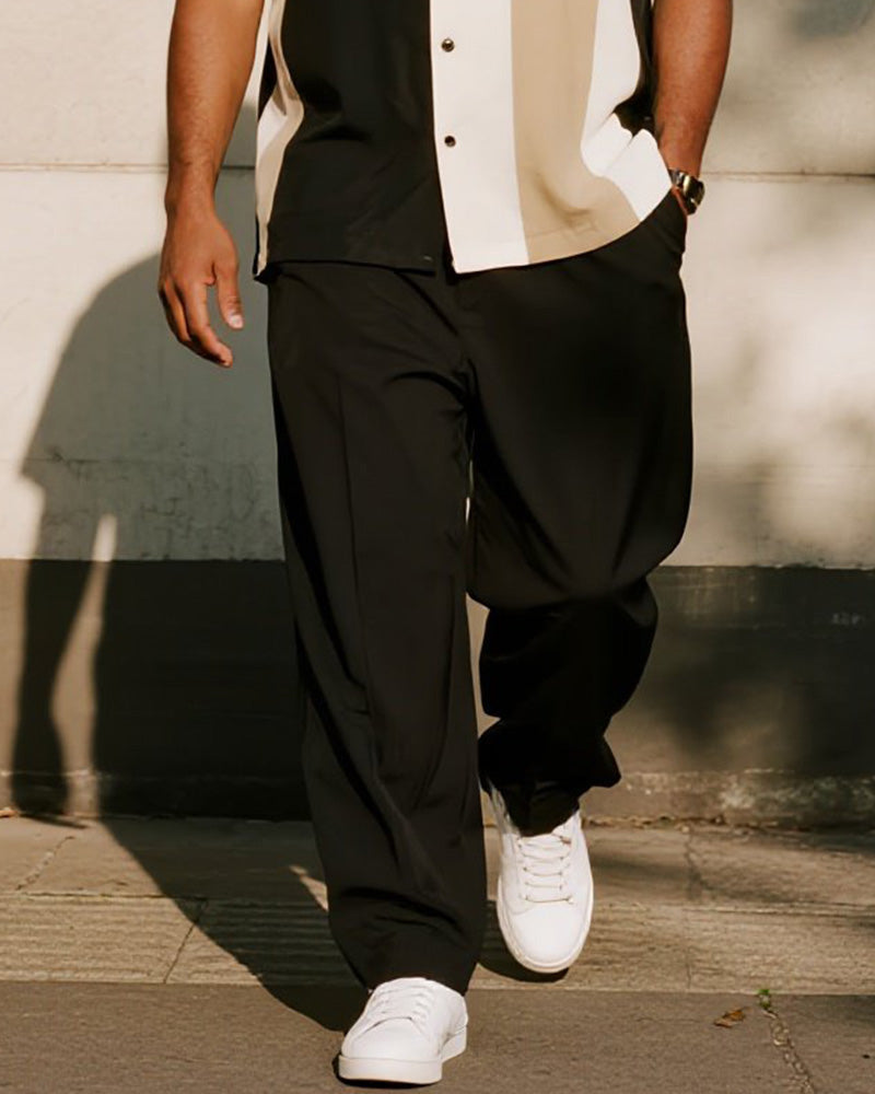 Big & Tall Men's Business Black Colorblock Stripe Printed Pocket Short Sleeve Shirt Trousers Suit