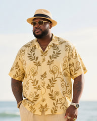 Big & Tall Men's Holiday Style High Luxury Vine Structure Printed Short Sleeve Shirt Pants Cotton Linen Suit