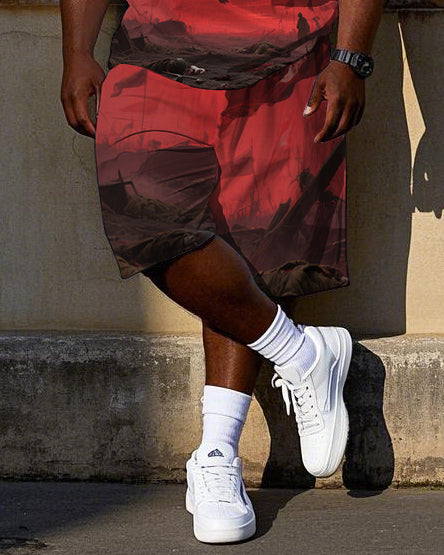 Men's Gothic Fashion Bear with Wing Printed Big & Tall Short Sleeve T-Shirt Shorts Set