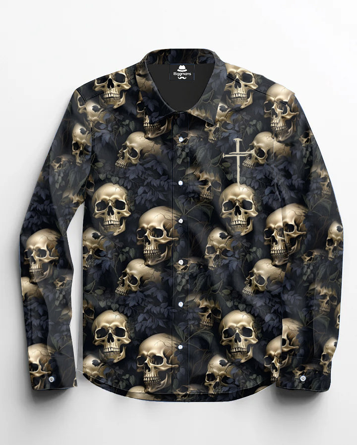 Men's Plus Size Dark Style Skull Print Long Sleeve Lapel Shirt and Pants Set