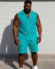 Men's Plus Size Sleeveless Vest Shirt Shorts Suit-Solid 10 Color Choice