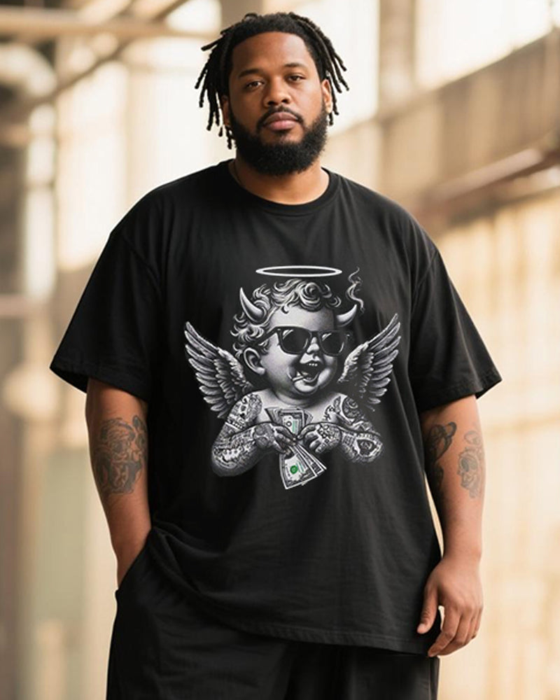 Big & Tall Men's Graffiti Sunglasses Angel Cross Printed T-Shirt Pants Suit