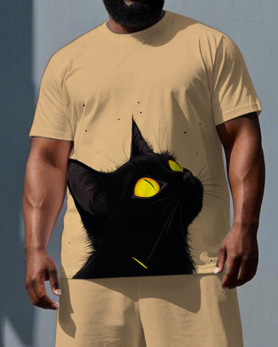 Big & Tall Men's Cute Black Cat Illustration Print Casual Breathable Short-Sleeve T-shirt Shorts Set