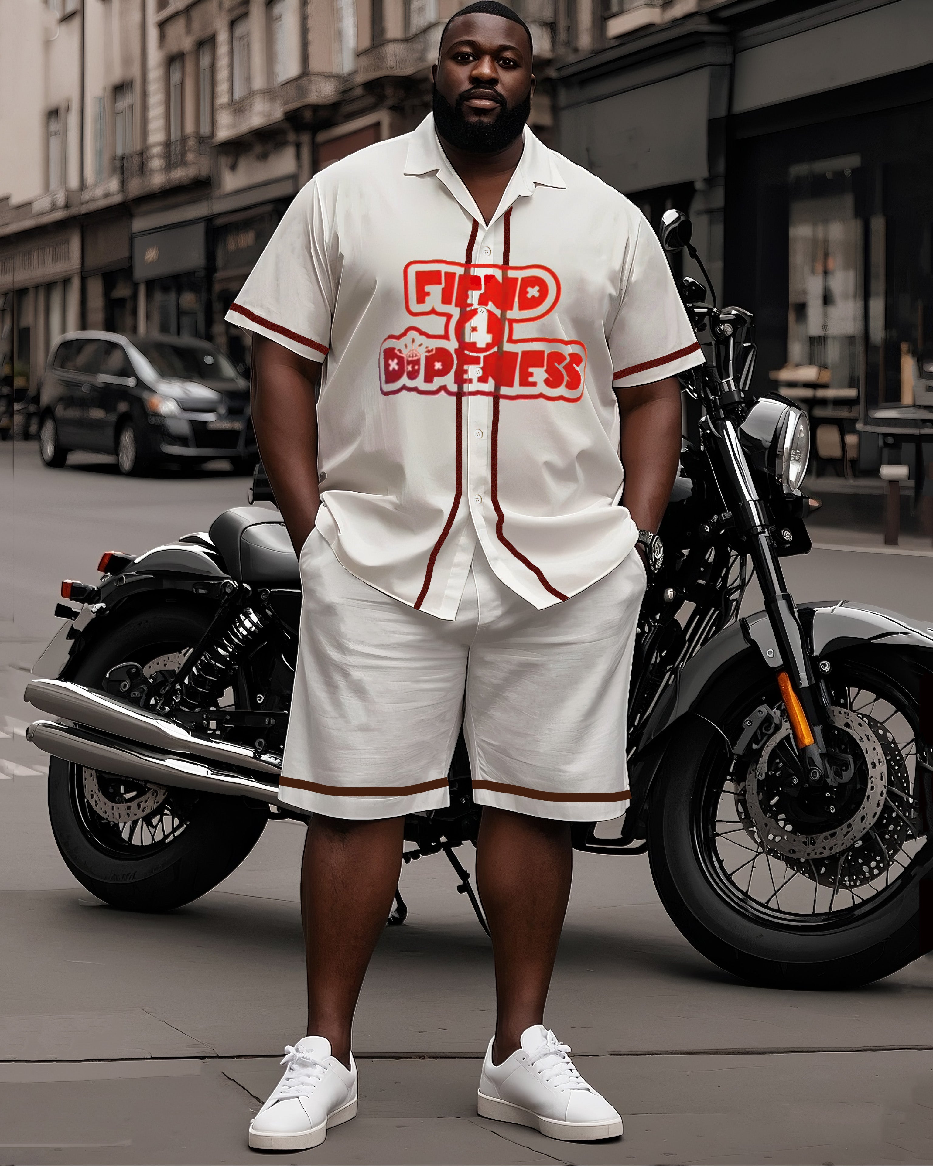 Big Man's Street Biker Print Lair Line White Short Sleeve Shirt Shorts Suit