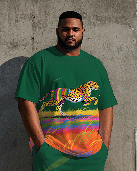 Big Men's Summer Casual Animal World Leopard Printed Crew Short Sleeve T-shirt Pants Set