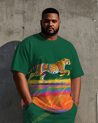 Big Men's Summer Casual Animal World Leopard Printed Crew Short Sleeve T-shirt Pants Set