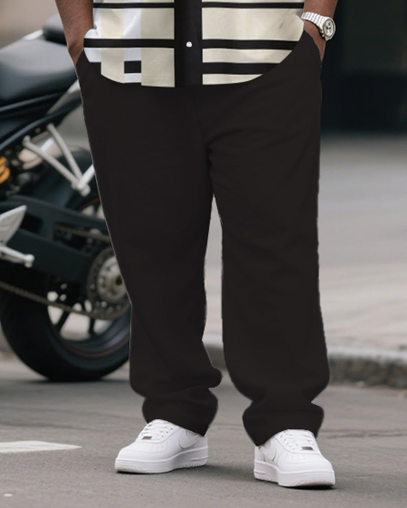 Men's Plus Size Simple Brown Apricot Color-block Striped Printed Short-sleeved Shirt Trousers Suit