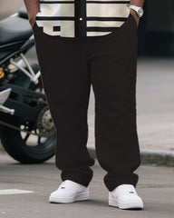 Men's Plus Size Simple Brown Apricot Color-block Striped Printed Short-sleeved Shirt Trousers Suit