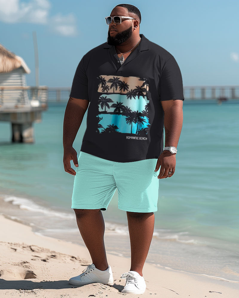 Hawaiian Contrast Coconut Print Polo Shirt and Shorts Two-Piece Men's Big & Tall Set