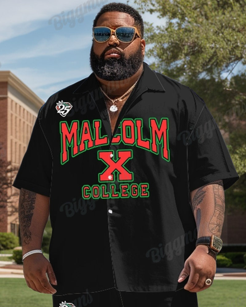 Men's Plus Size Malcolm X College Shirt Shorts Two Piece Set