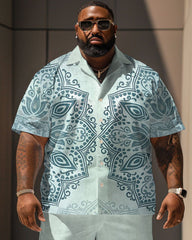Men's Plus Size Daily Casual Pale Blue Simple Retro Geometric Print Shirt Shorts Suit