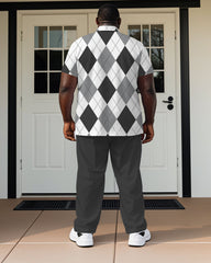 Grey Gentleman Classic Diamond Plaid Polo Shirt Short Sleeve Trousers Suit Men's Plus Size