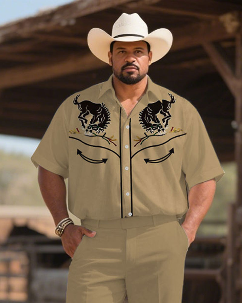 Western Denim-men's Plus Size Khaki Bullfight Pattern Symmetrical Printed Short Sleeve Shirt Trousers Suit