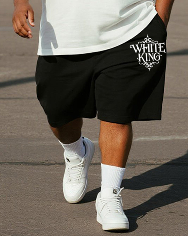 Big & Tall Men's Gothic White King Alphabet Print Round Neck Short Sleeve T-Shirt Shorts Suit