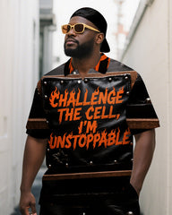 Big Men's Casual CHALLENGE THE CELL Lettering Relaxed Short-Sleeve Polo Shirt Shorts Set