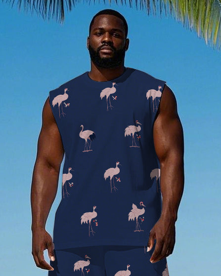 Men's Big Size Cartoon Red-crowned Crane Printed Hawaiian Vest and Shorts Set