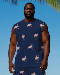Men's Big Size Cartoon Red-crowned Crane Printed Hawaiian Vest and Shorts Set