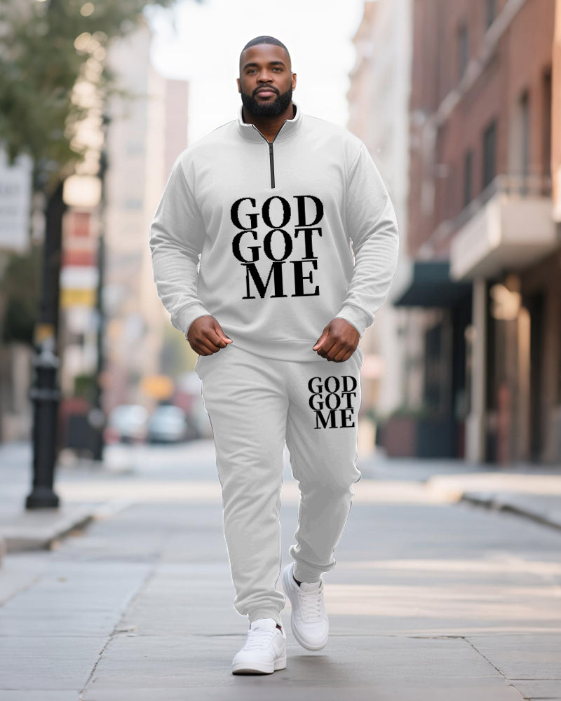 Big & Tall Men's GOD GOT ME Printed POLO Collar Zipper Long Sleeve Pants Two-Piece Set