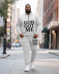 Big & Tall Men's GOD GOT ME Printed POLO Collar Zipper Long Sleeve Pants Two-Piece Set