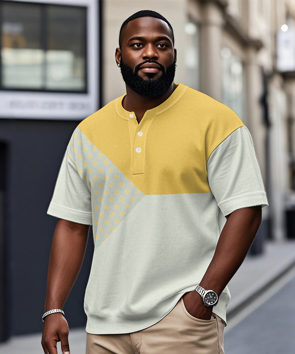 Men's Plus Size Daily Casual Yellow Patchwork Geometric Print Henry Collar Button Short Sleeve T-Shirt