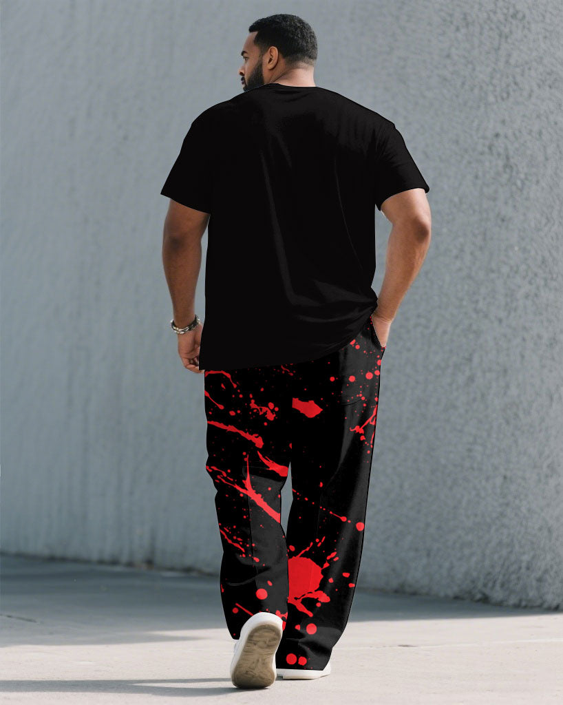 Men's Plus Size Black & Red Ink-throwing Short-sleeved T-shirt Pants Suit