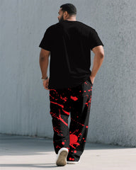Men's Plus Size Black & Red Ink-throwing Short-sleeved T-shirt Pants Suit