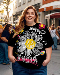 Women's Plus Size Graffiti Sunflower Round Neck Short Sleeve T-Shirt