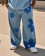 Plus Size Men's Creative Design Floral Print Loose Jeans