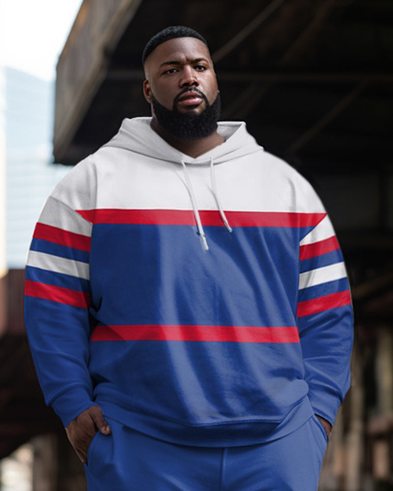 Big Guys Casual Color Block Striped Long Sleeve Hoodie Sports Two Piece Set