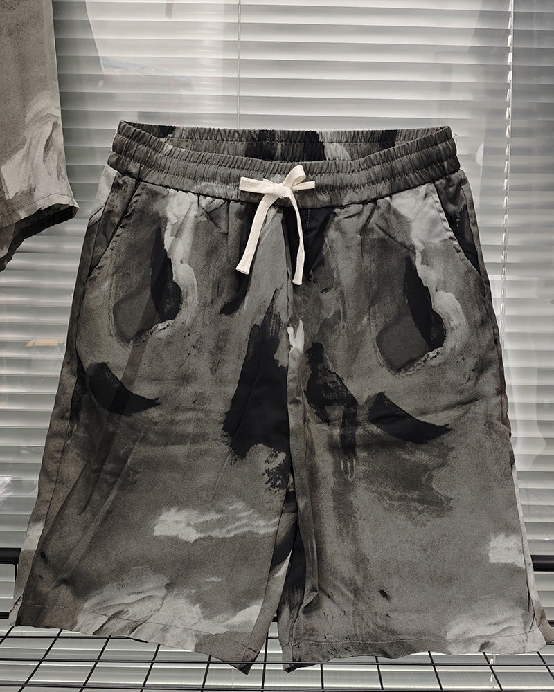 M-3XL Daily Casual L Gray Green Abstract Brush Print Shorts Suit