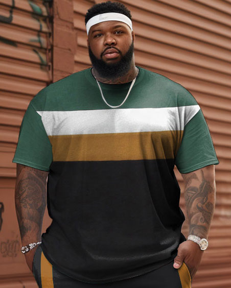 Men's Large Size Contrast Striped Patchwork T-shirt & Shorts Set