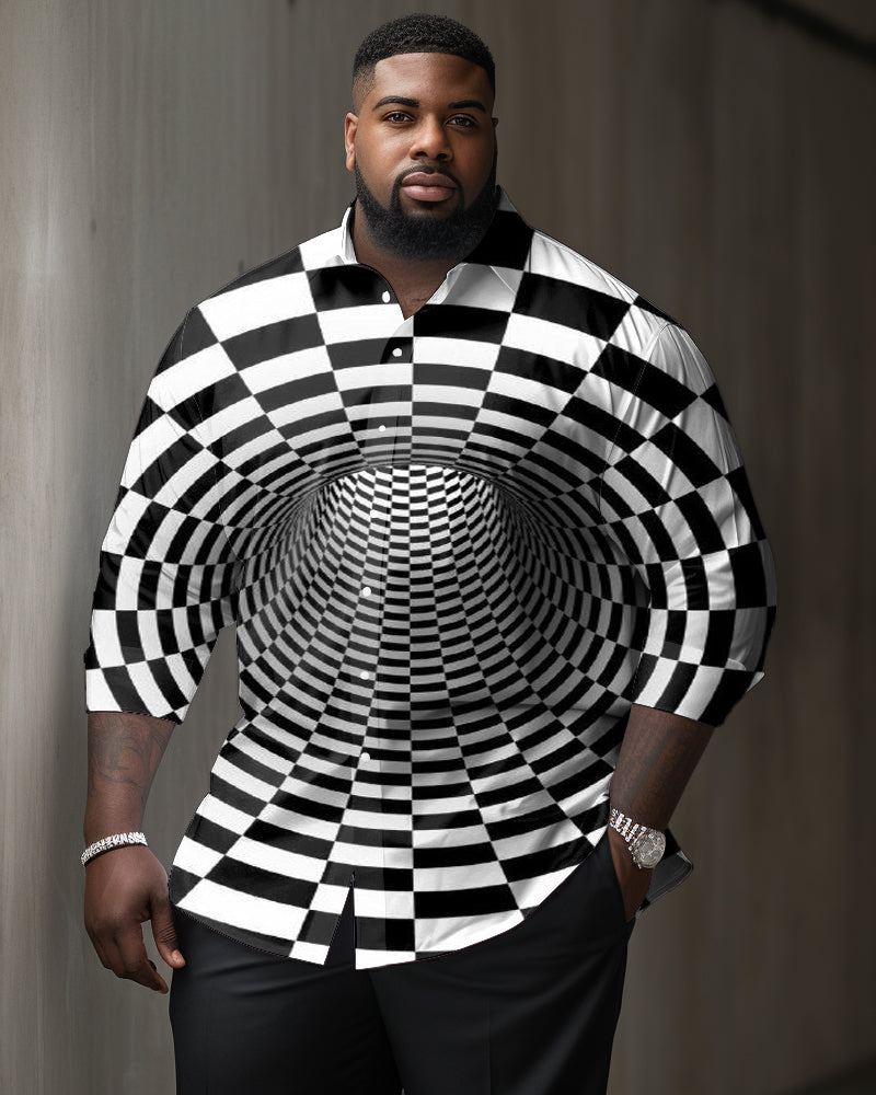 Men's Plus Size Gentleman Casual Geometric Hollow Textured Long Sleeve Lapel Long Sleeve Shirt