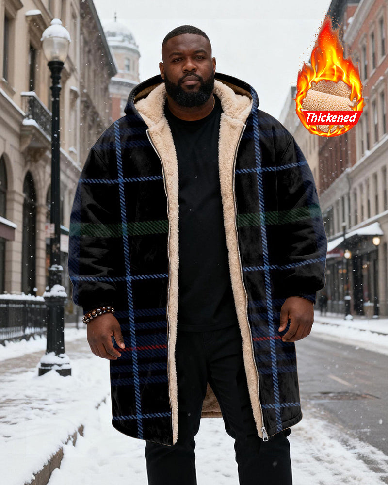 Big & Tall Men's Classic Geometric Plaid Printed Velvet Thickened Long Hooded Coat