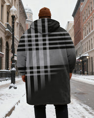 Big & Tall Men's Classic Geometric Black Plaid Printed Velvet Thickened Long Hooded Coat
