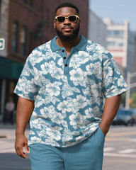 Big & Tall Men's Business Hawaiian Hasahi Leaf Printed Short Sleeve Polo Shirt Shorts Suit