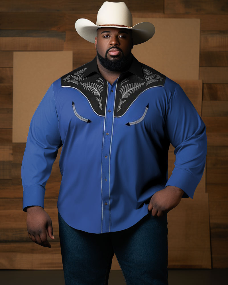 Men's Big & Tall Western Denim Totem Graphic Lapel Long Sleeve Shirt