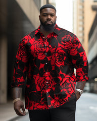 Men's Big and Tall Red & Black Rose Romantic Unique Lapel Long-Sleeved Shirt