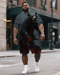 Men's  Big & Tall Casual Gothic Style Chained Bear Printed Short Sleeve T-Shirt Shorts Set