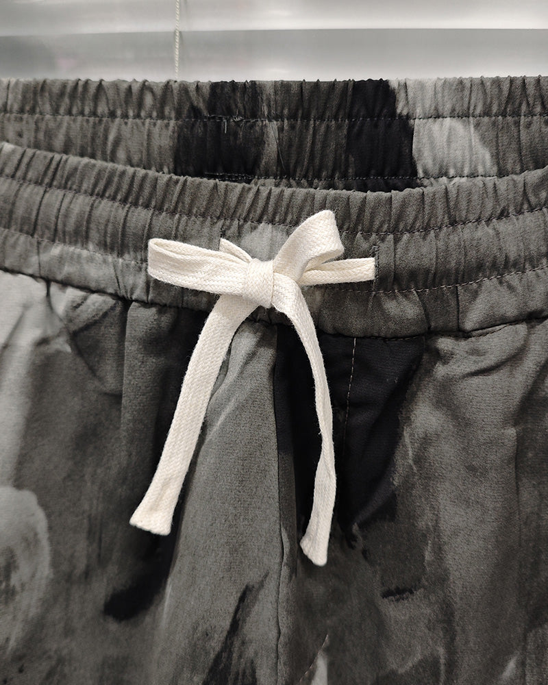 M-3XL Daily Casual L Gray Green Abstract Brush Print Shorts Suit