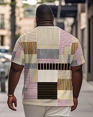 Men's Plus Size Daily Casual Apricot Geometric Stripe Patchwork Printed Henry Collar Button Short Sleeve T-Shirt