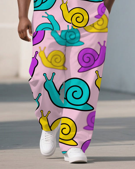 Men's Big Size Casual Cartoon World Snails Printed Streetwear Short-Sleeve Shirt Pants Sets