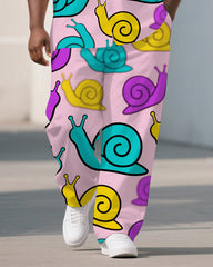 Men's Big Size Casual Cartoon World Snails Printed Streetwear Short-Sleeve Shirt Pants Sets
