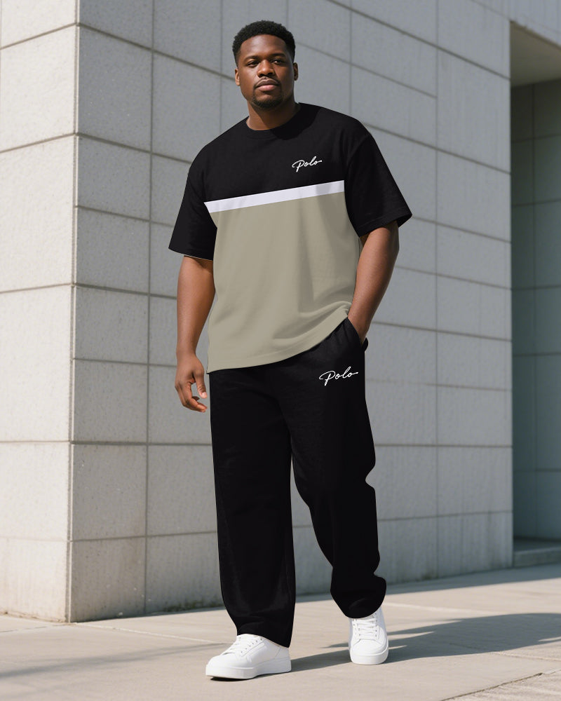 Men's Plus Size Simple Striped Color Block Letter Print T-shirt Trousers Suit