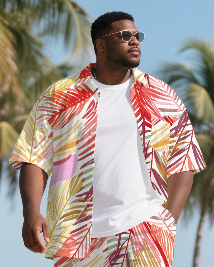 Big Men's Modern Fashion Palm Leaves Hawaiian Theme Short Sleeve Shirt Shorts 2-Piece Suit