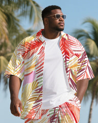 Big Men's Modern Fashion Palm Leaves Hawaiian Theme Short Sleeve Shirt Shorts 2-Piece Suit