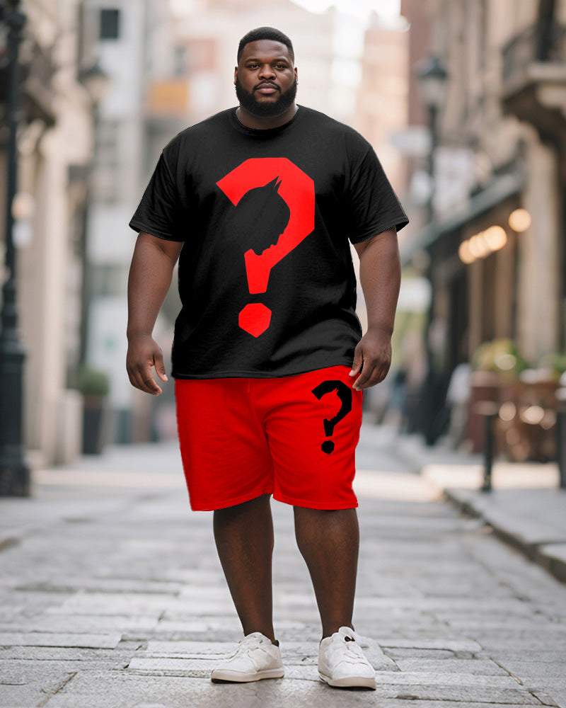 Men's Plus Size Black Red Question Mark Printed Short Sleeve T-shirt Shorts Suit